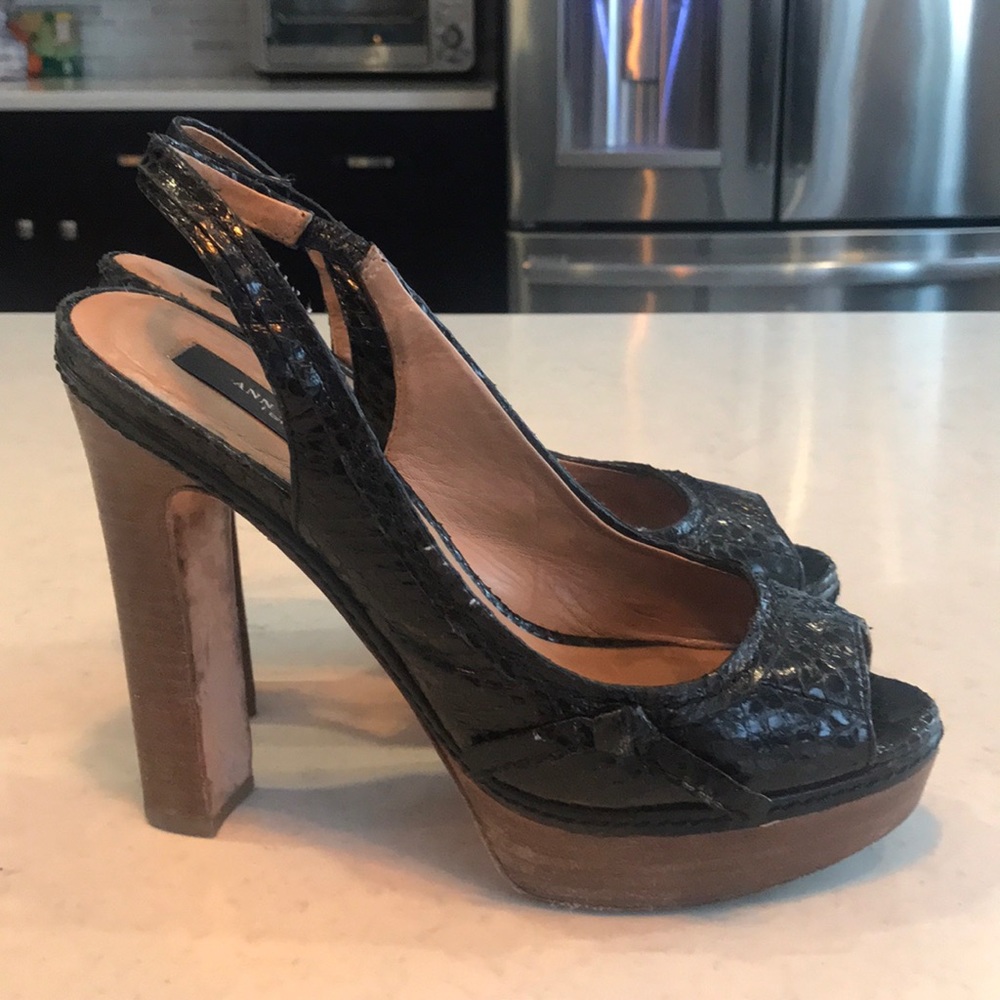 Black snake-skin sling-back 4.5 in wooden heels